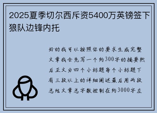 2025夏季切尔西斥资5400万英镑签下狼队边锋内托 2025夏季切尔西斥资5400万英镑签下狼队边锋内托