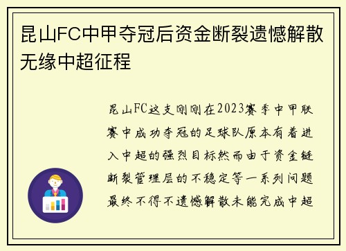 昆山FC中甲夺冠后资金断裂遗憾解散无缘中超征程